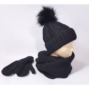Женский комплект шапка, шарф и варежки (чёрный)