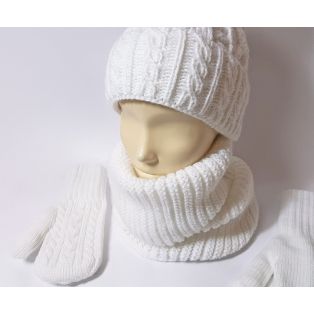 Женский комплект шапка, шарф и варежки (белый)
