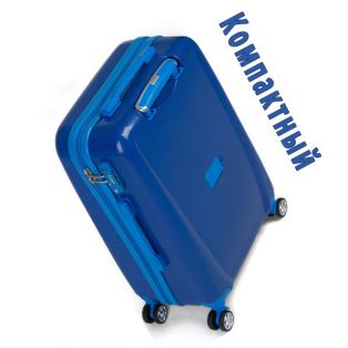 Пластиковый чемодан на четырех колесах синий с голубой молнией