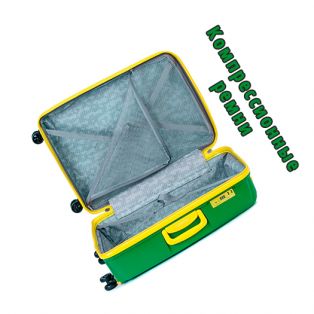 Пластиковый чемодан на четырех колесах ярко-зелёный с жёлтой молнией