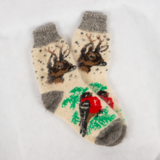 Милые вязаные зимние носки с оленем и птицей