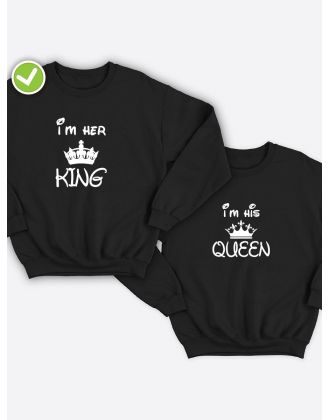 Смешные и оригинальные парные свитшоты для двоих влюблённых с принтом Im her KING & Im his QUEEN