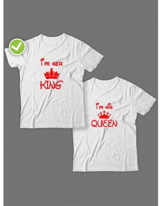 Смешные и оригинальные парные футболки для двоих влюблённых с принтом Im her KING & Im his QUEEN