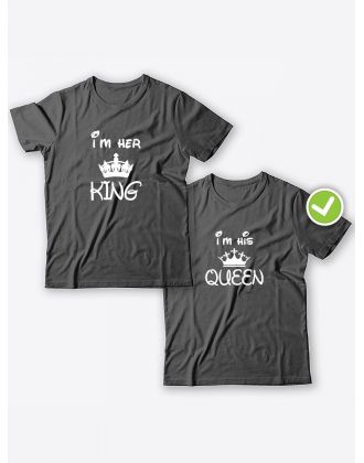 Смешные и оригинальные парные футболки для двоих влюблённых с принтом Im her KING & Im his QUEEN
