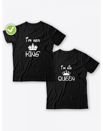 Смешные и оригинальные парные футболки для двоих влюблённых с принтом Im her KING & Im his QUEEN