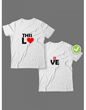 Смешные и оригинальные парные футболки для двоих влюблённых с принтом This lo & is ve