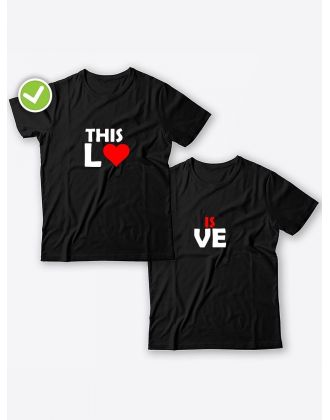 Смешные и оригинальные парные футболки для двоих влюблённых с принтом This lo & is ve