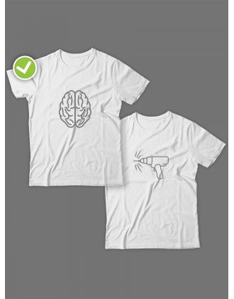Смешные и оригинальные парные футболки для двоих влюблённых с принтом Дрель & мозги