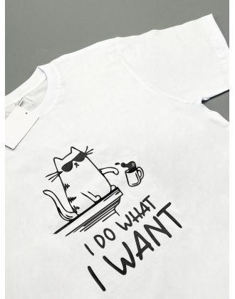 Футболка оверсайз с принтом с приколом Sharp&Shop Белая футболка оверсайз принт I do what I want мем с котом