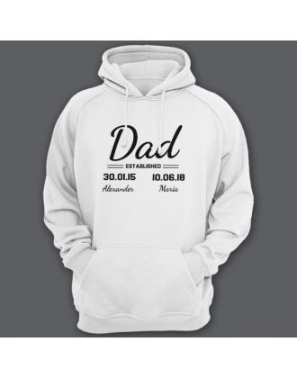 Толстовка с капюшоном для папы с надписью "Dad established", с датой рождения и именами детей