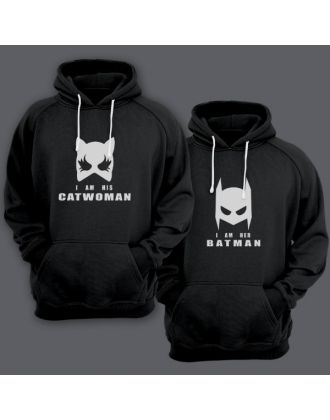 Парные толстовки с капюшоном для двоих "I am his Catwoman (Я его женщина-кошка)"/"I am her Batman (Я ее бэтмен)"
