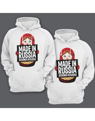 Парные толстовки с капюшоном для влюбленных с изображением матрешки "Made in Russia (Сделано в России)"
