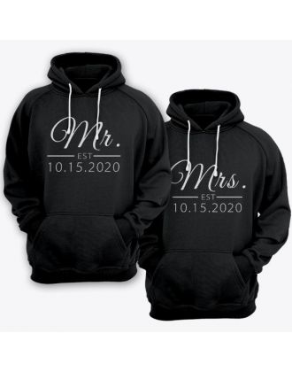 Парные толстовки с капюшоном для мужа и жены "Mr." и "Mrs." с датой свадьбы