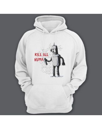 Прикольная толстовка с капюшоном с надписью "Kill all huma.." и изображением Бендера из Мультсериала "Футурама"