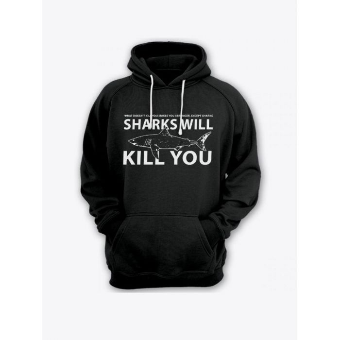 Прикольная мужская толстовка с капюшоном - худи с принтом "Sharks will kill you"