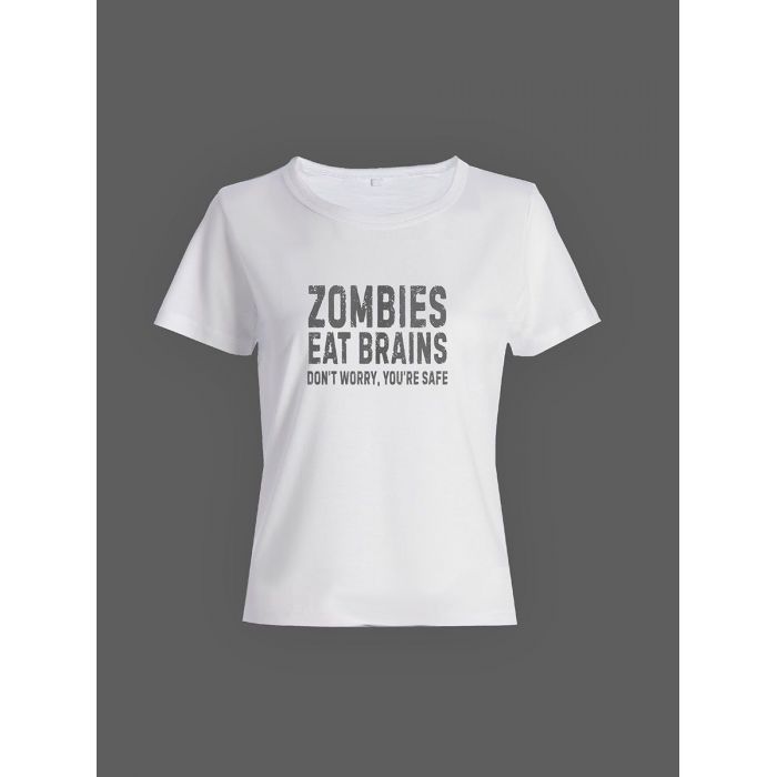 Смешная женская футболка с принтом Zombies eat brains / Необычный подарок на день рождения