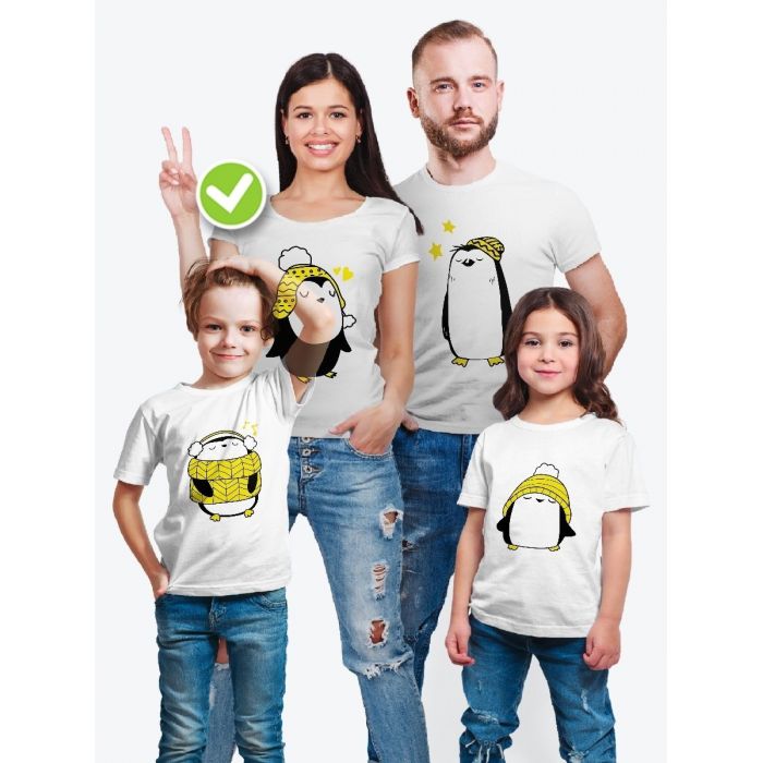 Футболки Family Look для всей семьи Пингвины желтые | Футболки Фэмили Лук