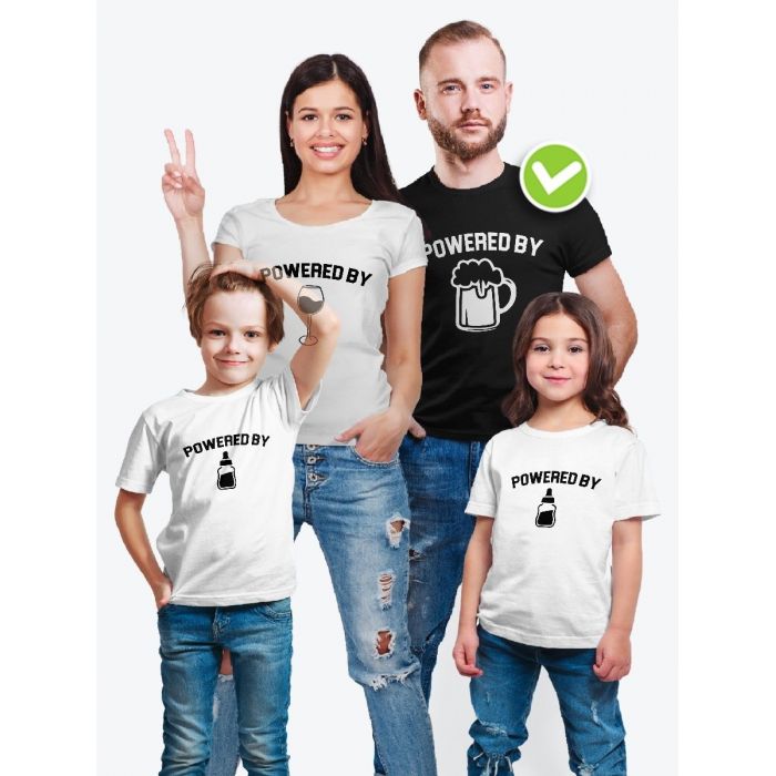 Футболки family look для всей семьи с принтом Powered by | Прикольные одинаковые семейные футболки