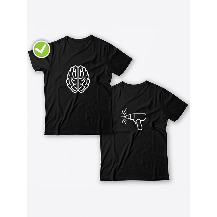Смешные и оригинальные парные футболки для двоих влюблённых с принтом Дрель & мозги