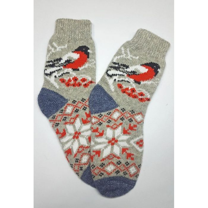 Шерстяные носки мужские с орнаментами и снегирями