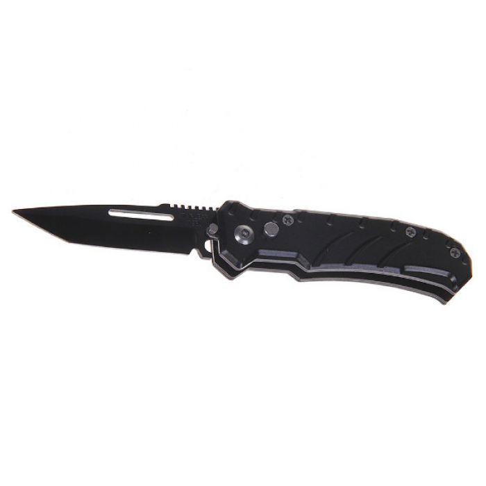 Складной нож, длина лезвия 6 см, черный с тремя полосками на рукояти
