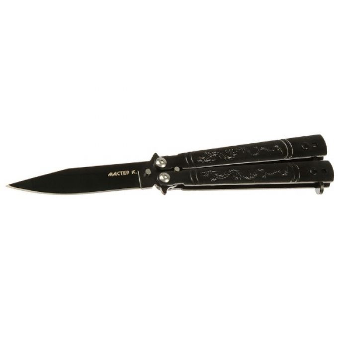 Складной нож "Бабочка", лезвие drop-point 7,5 см, рукоять с драконами, черный