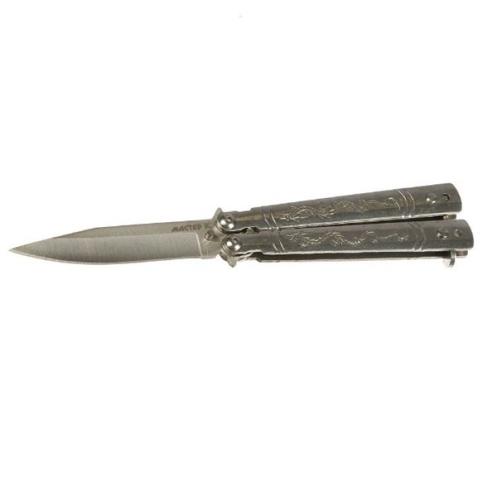 Складной нож "Бабочка", лезвие drop-point 7,5 см, рукоять с драконами, цвет металлик