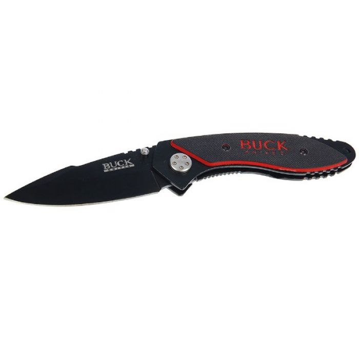 Складной нож, лезвие drop-point с зазубринами 8,5 см, рукоять черная с красным
