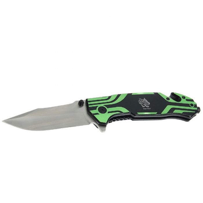 Складной нож, лезвие drop-point 9,5 см, рукоять с крюком зелёная