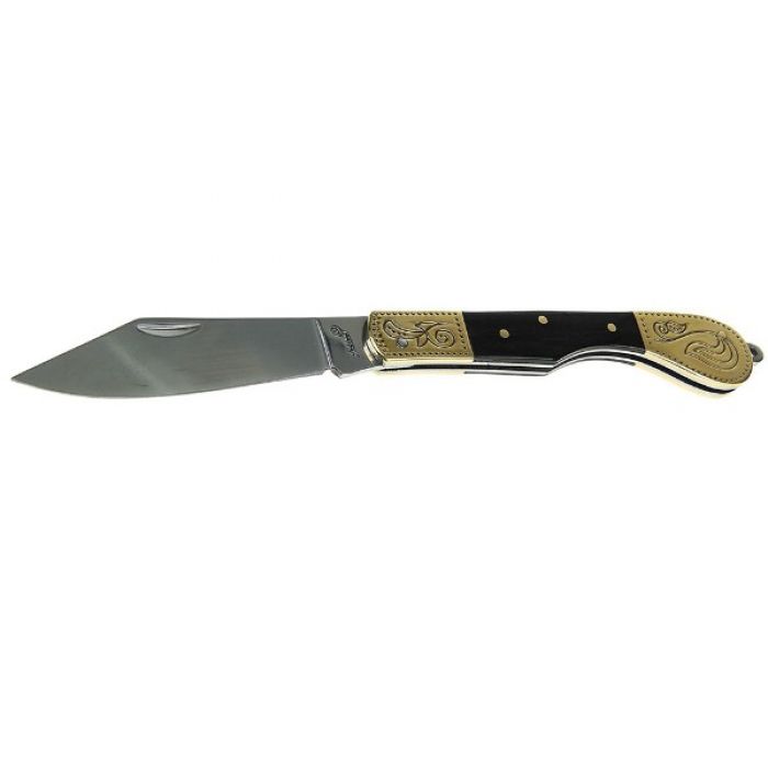 Складной нож, лезвие clip-point 9,6 см, рукоять золото с узорами и вставка темное дерево