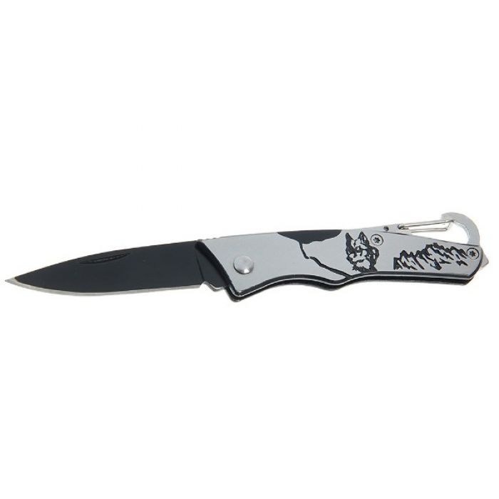 Складной нож, лезвие drop-point 5,3 см, рукоять Волк и горы с карабином