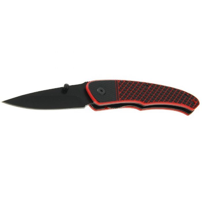 Складной нож, лезвие drop-point 7,5 см, рукоять диагональ черная с красным, волокно G10