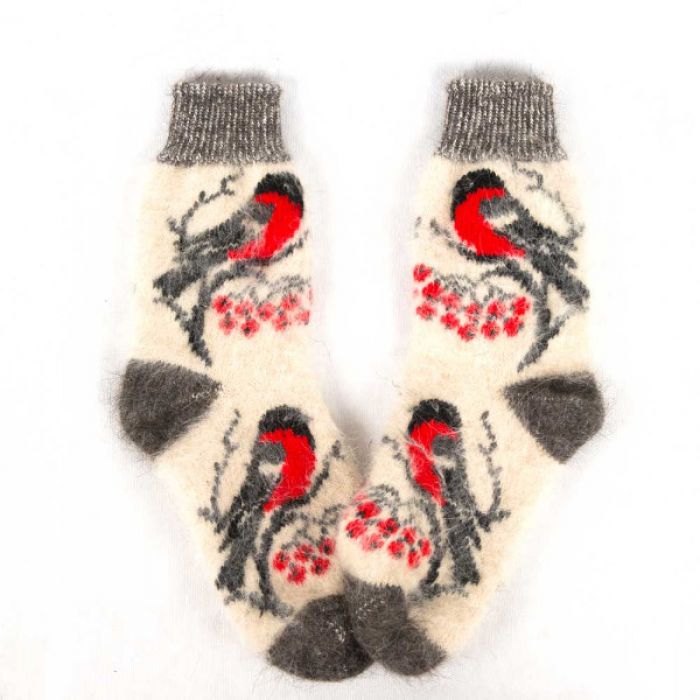 Стильные зимние носки с рисунком пары птичек, уютно сидящих на ветках