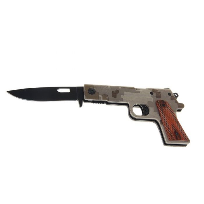 Складной нож, длина лезвия 16 см, с фиксатором, рукоять цвета хаки, в виде пистолета