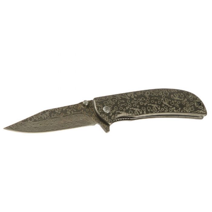 Складной нож, лезвие "drop-point" 7 см, с фиксатором, окрас дамасская сталь